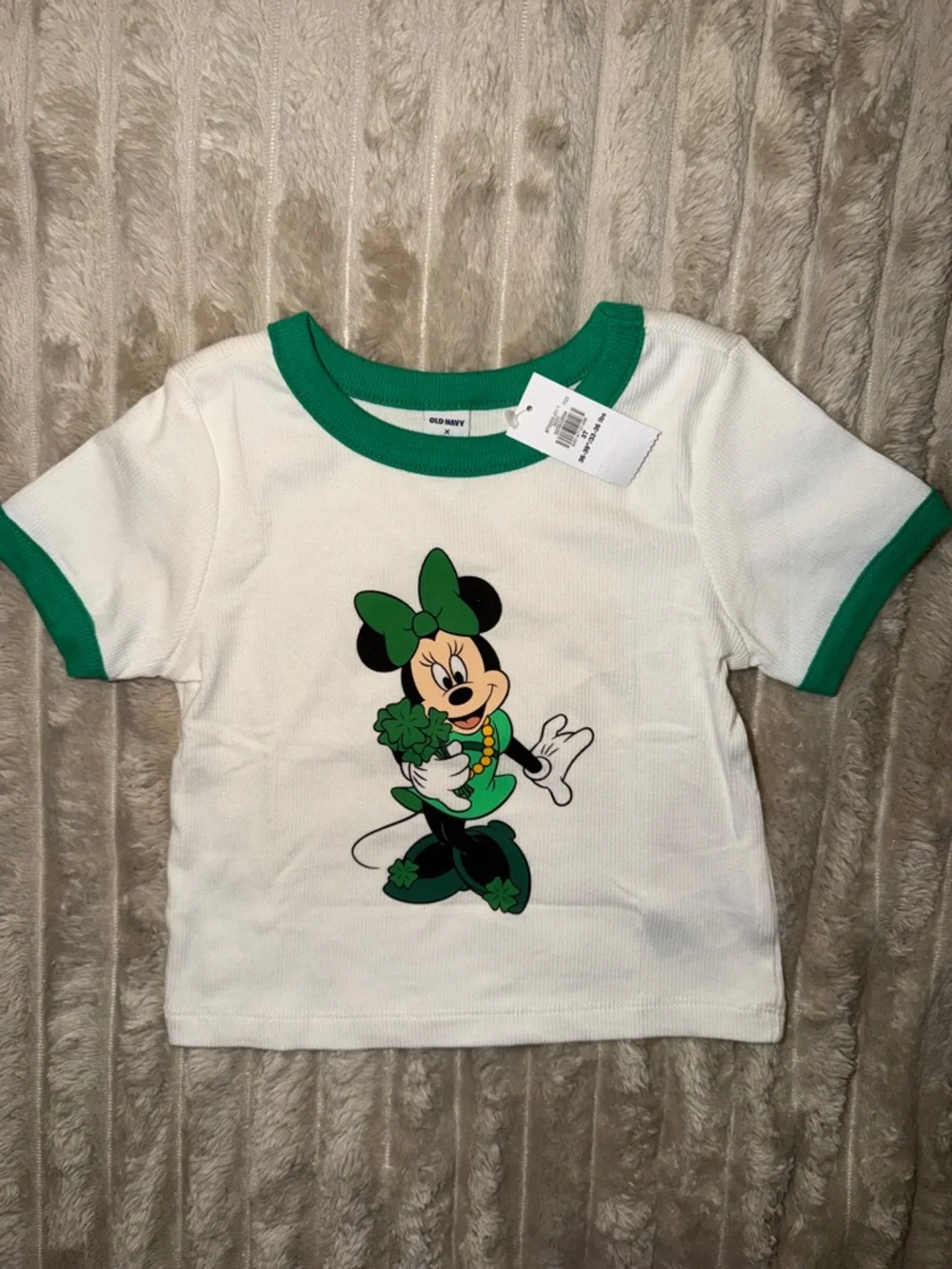 Disney White Tee with Green-Trim and Minnie Graphic